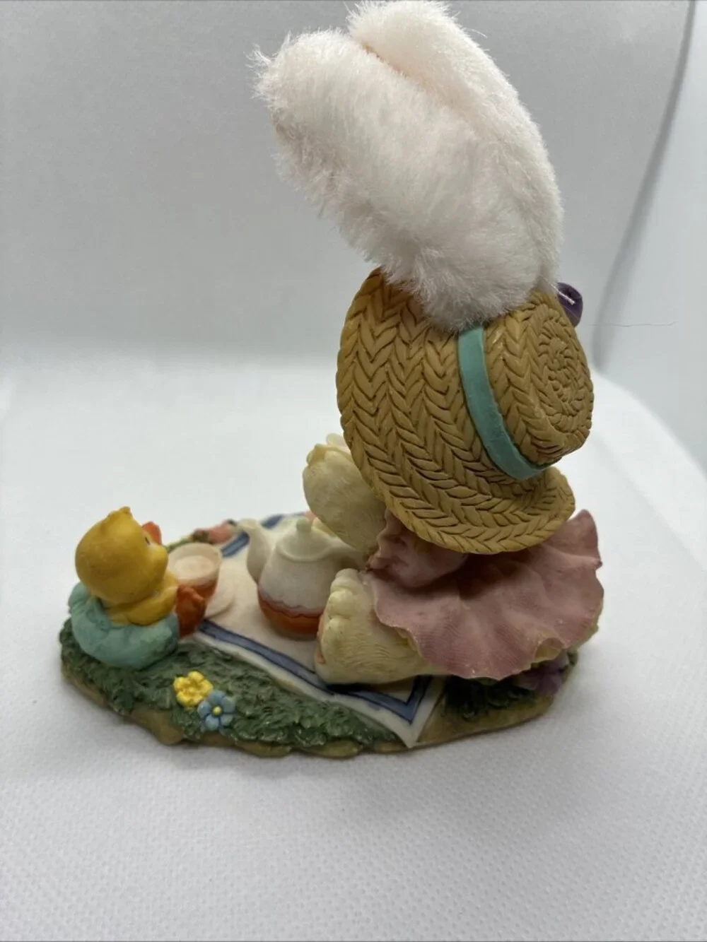 Vintage Easter Bunny Tea Party Figurine Chick Picnic Resin Decor Fuzzy Ears